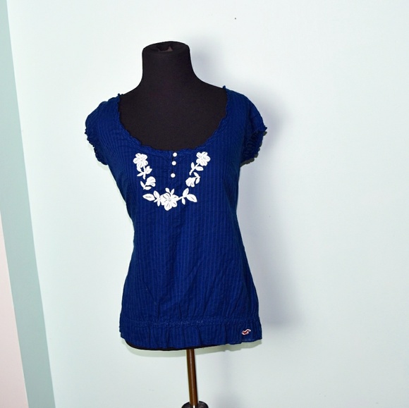 Hollister Tops - Hollister Navy Sheer Embroidered Blouse